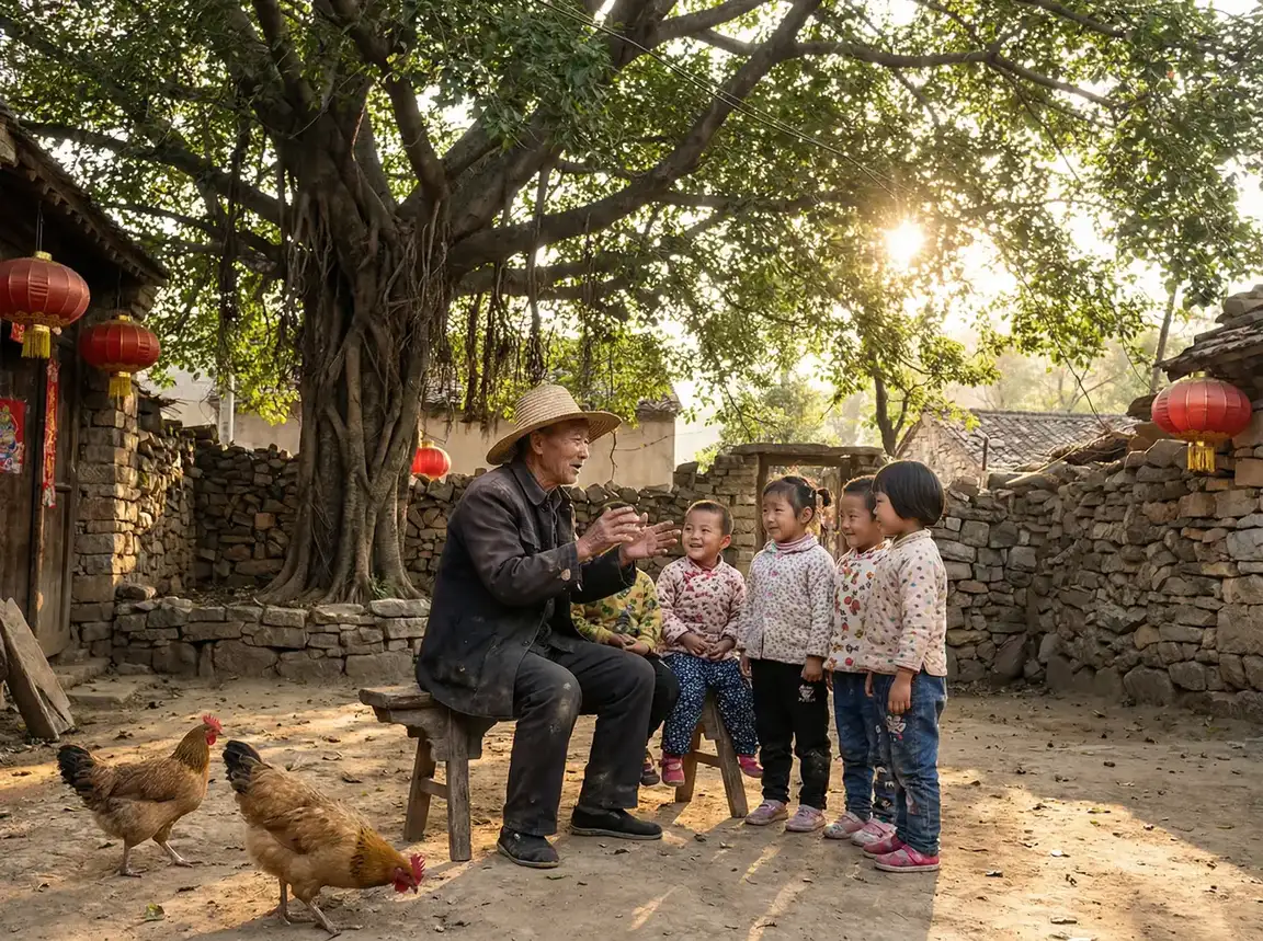 老人在大榕树下给孩子们讲故事 - 腿张大点我就可以吃到扇贝了图 乡村记忆